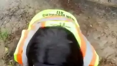 Construction Worker Getting Sucked by Engineering Student at Work Site Publicly
