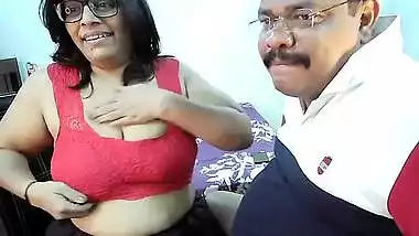 Nerdy Desi man worships saggy XXX tits of his chubby wife on webcam